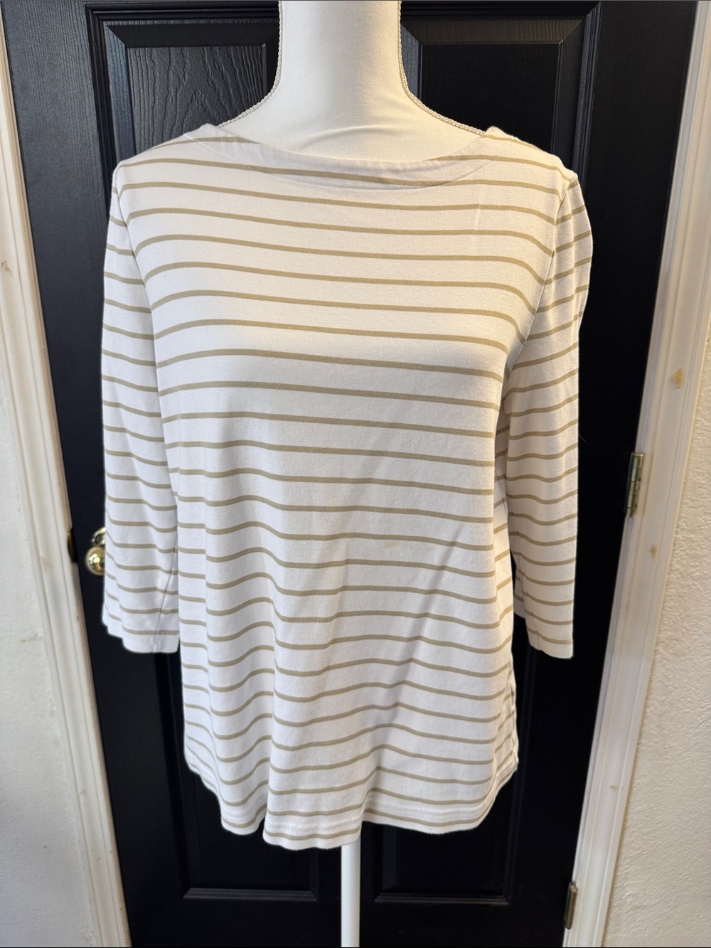 croft & barrow Cream and Tan Striped 3/4 Sleeve Top